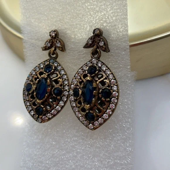 Gorgeous Sapphire & Crystal Sterling Silver Earrings—Excellent Condition!